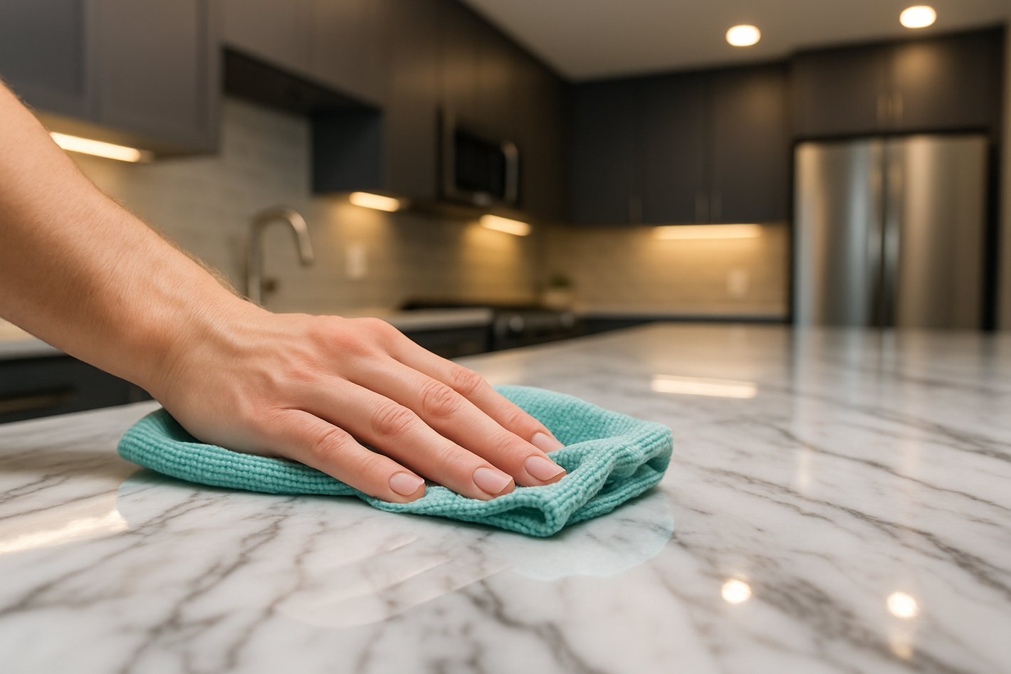 A professional wiping a light marble counter